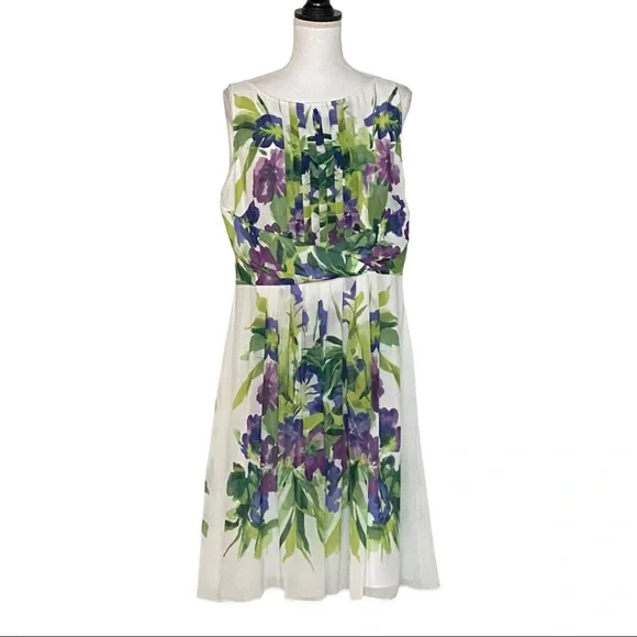 Ralph Lauren Sleeveless Pleated Fit & Flare Floral Dress SZ 14 White Multicolor - Picture 2 of 10
